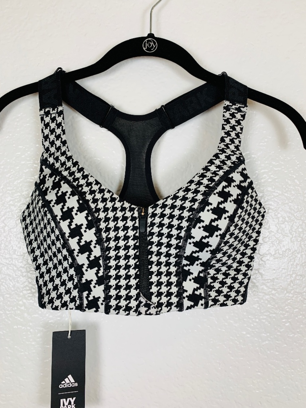 ADIDAS X IVY PARK Zip Front Sports Bra XS NEW Black Clear Grey Houndstooth